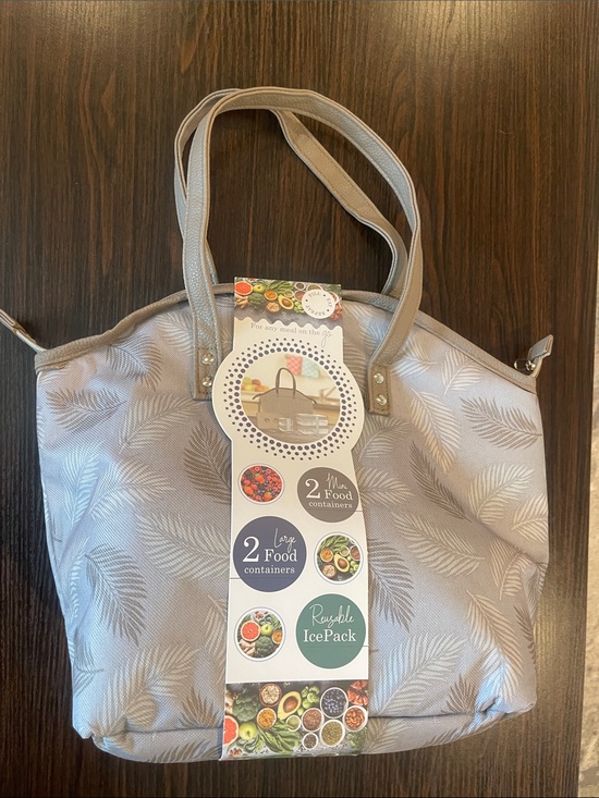Eco One Handbags - Gray Leaf-Print Women’s Tote Bag with Insulated Food Containers